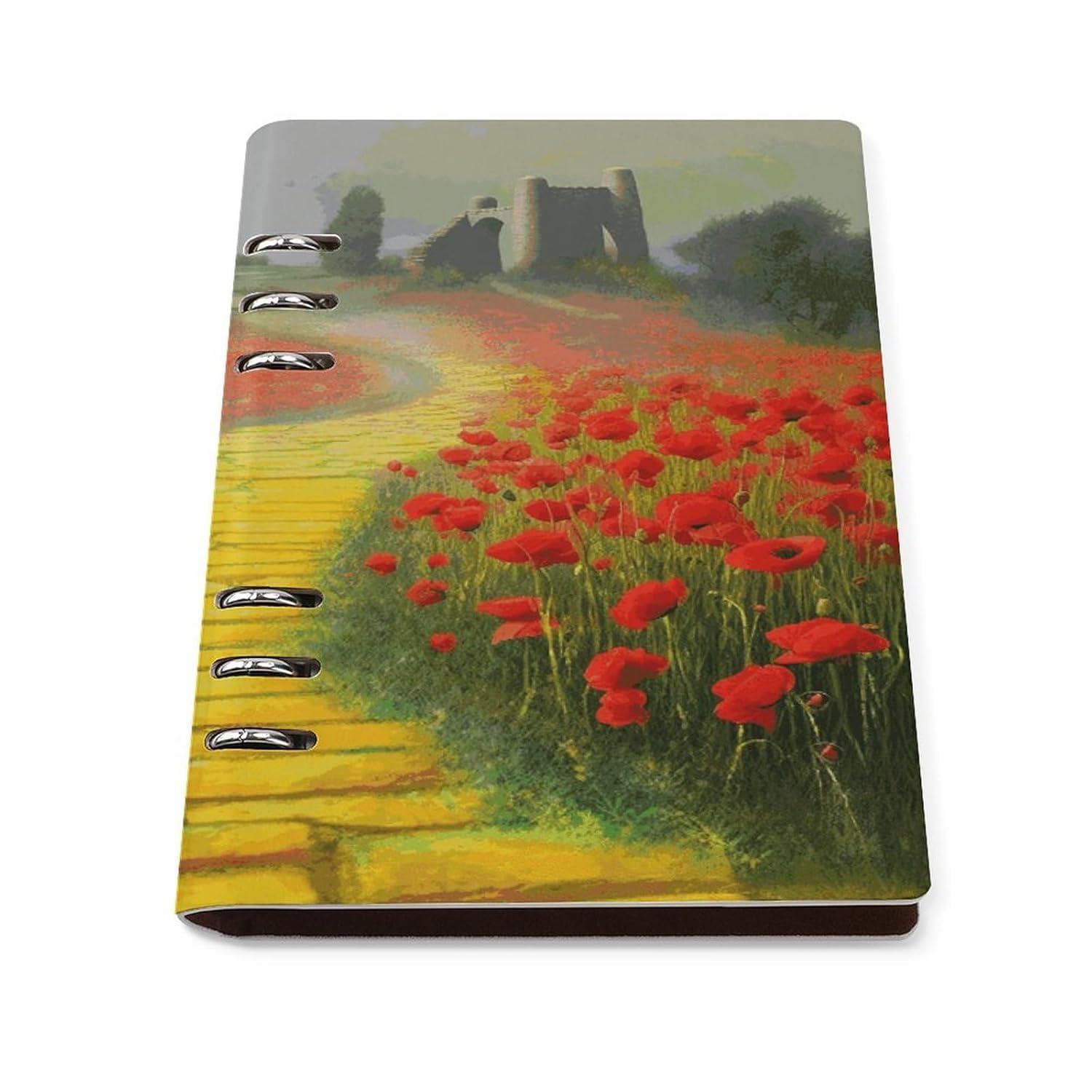 FekiLoot Poppies Field Yellow Brick Road Refillable Notebook Leather 6 Ring Binder Notebook A5 Business Journal Composition Spiral Notebooks Loose Leaf Notebooks for Work Study Note Diary 6.8 ×9 In