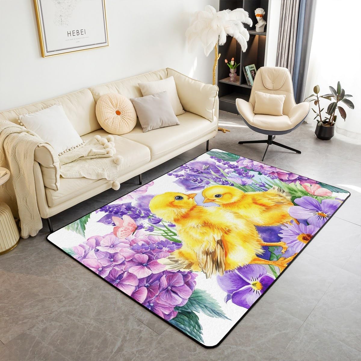 Cute Yellow Duck Area Rug Watercolor Purple Lavender Hippie Daisy Non Slip Rug for Kids Girls Teens Pink Butterfly Cartoon Farm Animals Indoor Floor Mat for Sofa RV 100cm X 150cm X 1cm