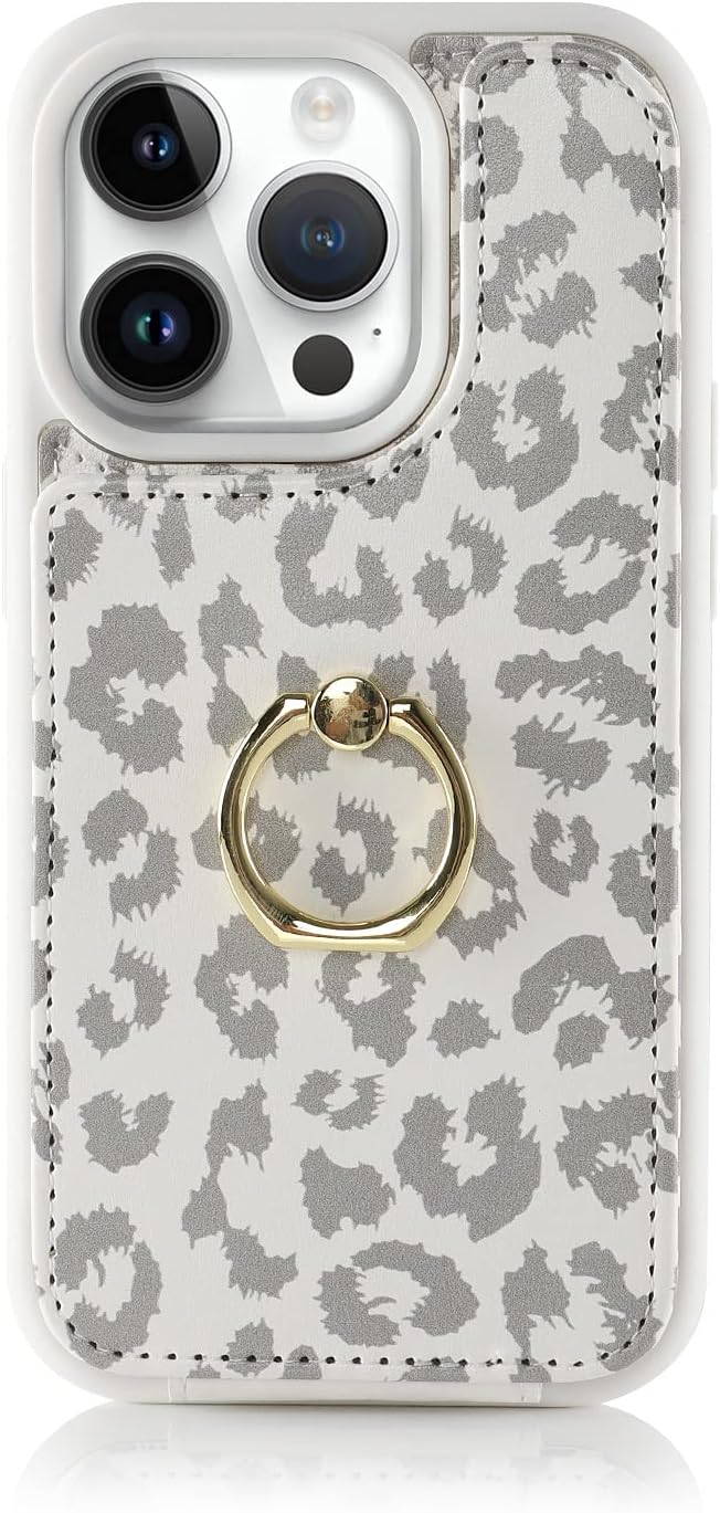 for iPhone 15 Pro Max Case with Card Holder,Credit Card Holder,Ring Stand Kickstand,Shockproof Cute Phone Wallet Case for Women (6.7 inch,White Leopard) - Image 6