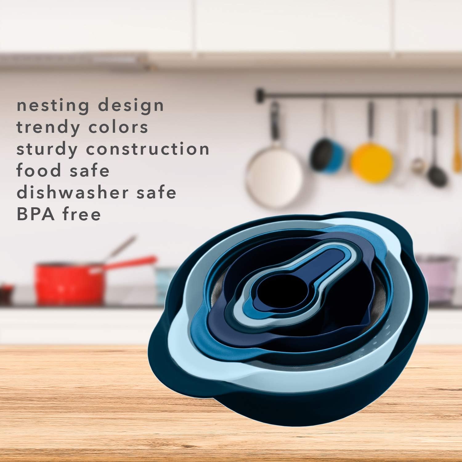 edge Mixing Bowls and Measuring Cup Nesting Set, 8 Pieces, 2 Mixing Bowls 4 Measuring Cups 1 Colander and 1 Sifter, Navy Blue