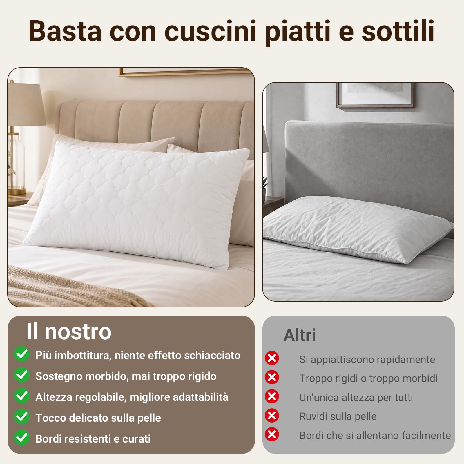COSYLAND cuscini letto 2 pezzi, cuscini trapuntati con imbottitura 700 g in fibra 7D, morbidi e traspiranti, altezza regolabile, supporto soffice, bordi rifiniti(50 x 80 cm)
