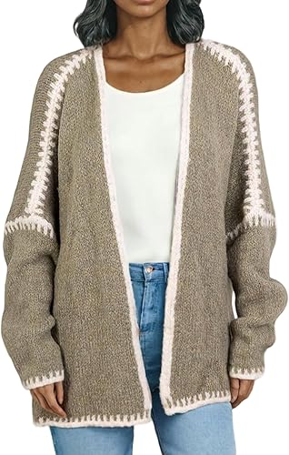 LKOUS Women's Green Oversized Cardigan Sweater Open Front Contrast Stitch Knit C