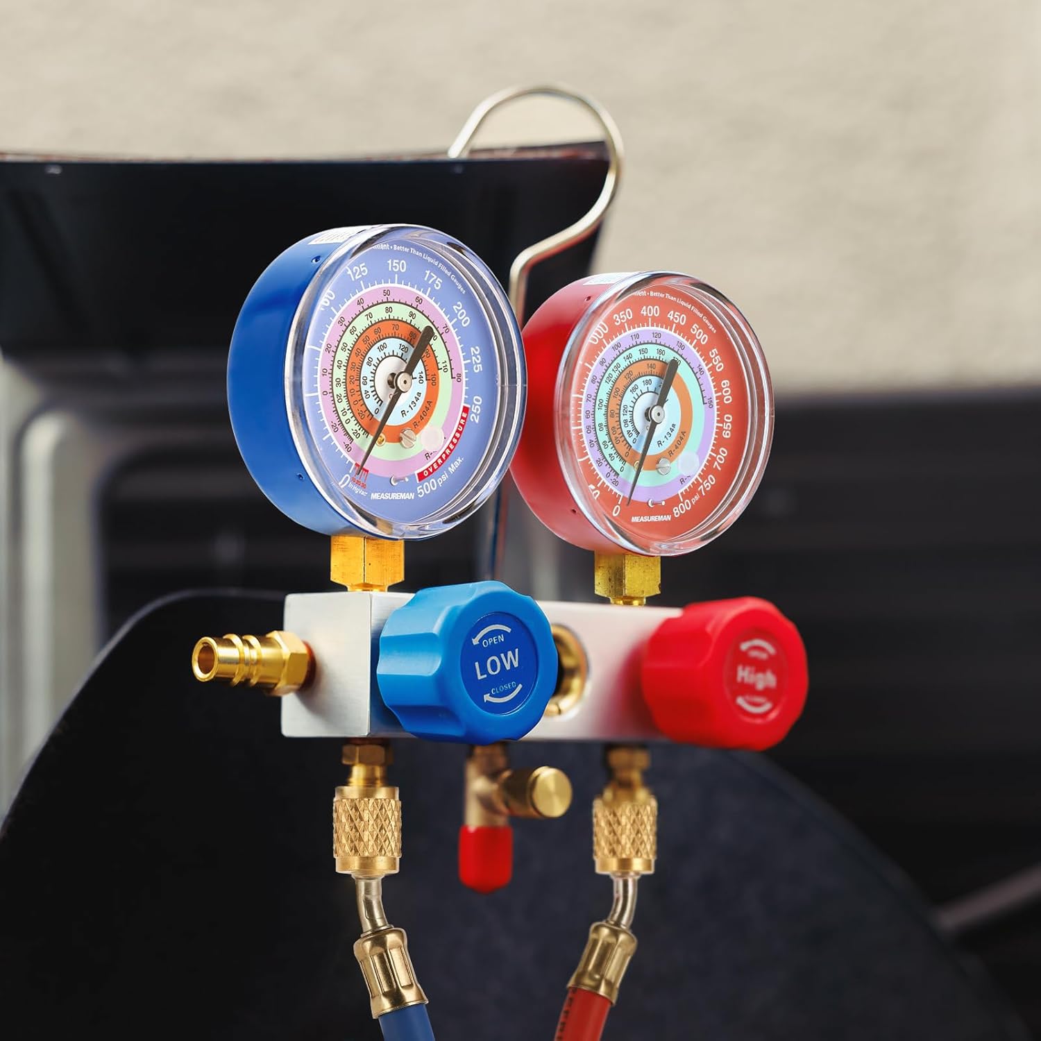 MEASUREMAN AC Manifold Gauge Set, 2-Way HVAC Diagnostic Tool for R410A, R22, R404A, R134a Refrigerants with Hoses, 3-1/8" Gauges, Class 1.6 Accuracy
