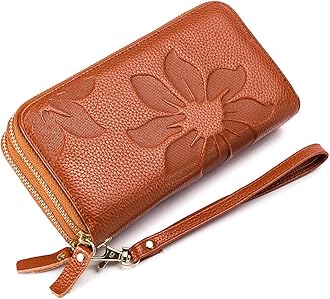 SWP RFID Blocking Women’s Leather Wallet, Double Zipper Smartphone Pocket, Embossed Flower with Credit Card Holder, Cash Slots Large Capacity Clutch Wristlet (Brown)