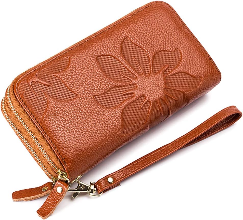 SWP RFID Blocking Women’s Leather Wallet, Double Zipper Smartphone Pocket, Embossed Flower with Credit Card Holder, Cash Slots Large Capacity Clutch Wristlet (Brown)