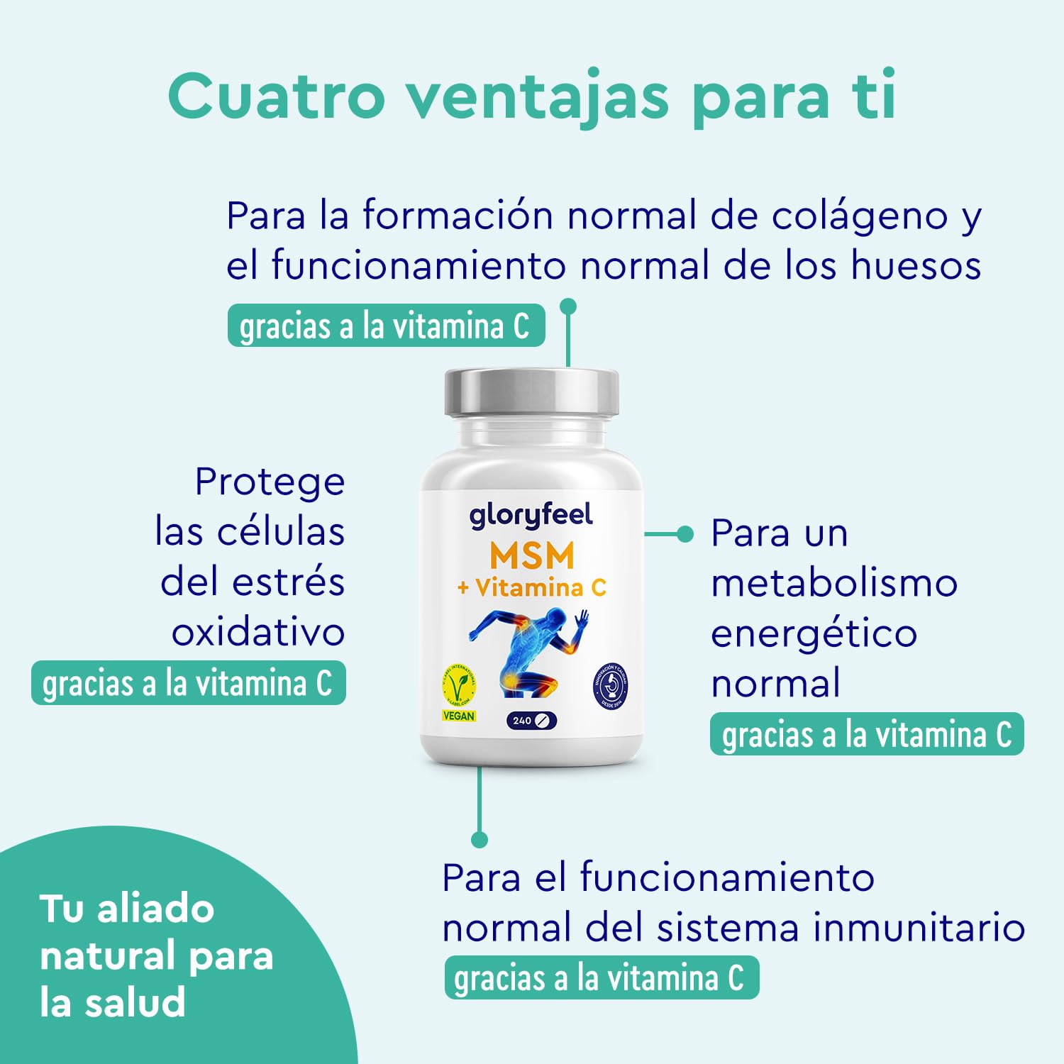 MSM 2000mg + Vitamina C Natural - 240 Tabletas - Para huesos, articulaciones, piel y sistema inmunitario* - Metilsulfonilmetano con Acerola en polvo - Probado en laboratorio y sin aditivos