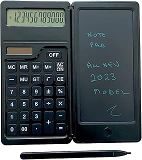 Portable Gadgets 2 in 1 Folding Calculator with 5.5" Erasable LCD writing pad and 12 digit display, standard function calculator, with solar power feature for Home, Office or School