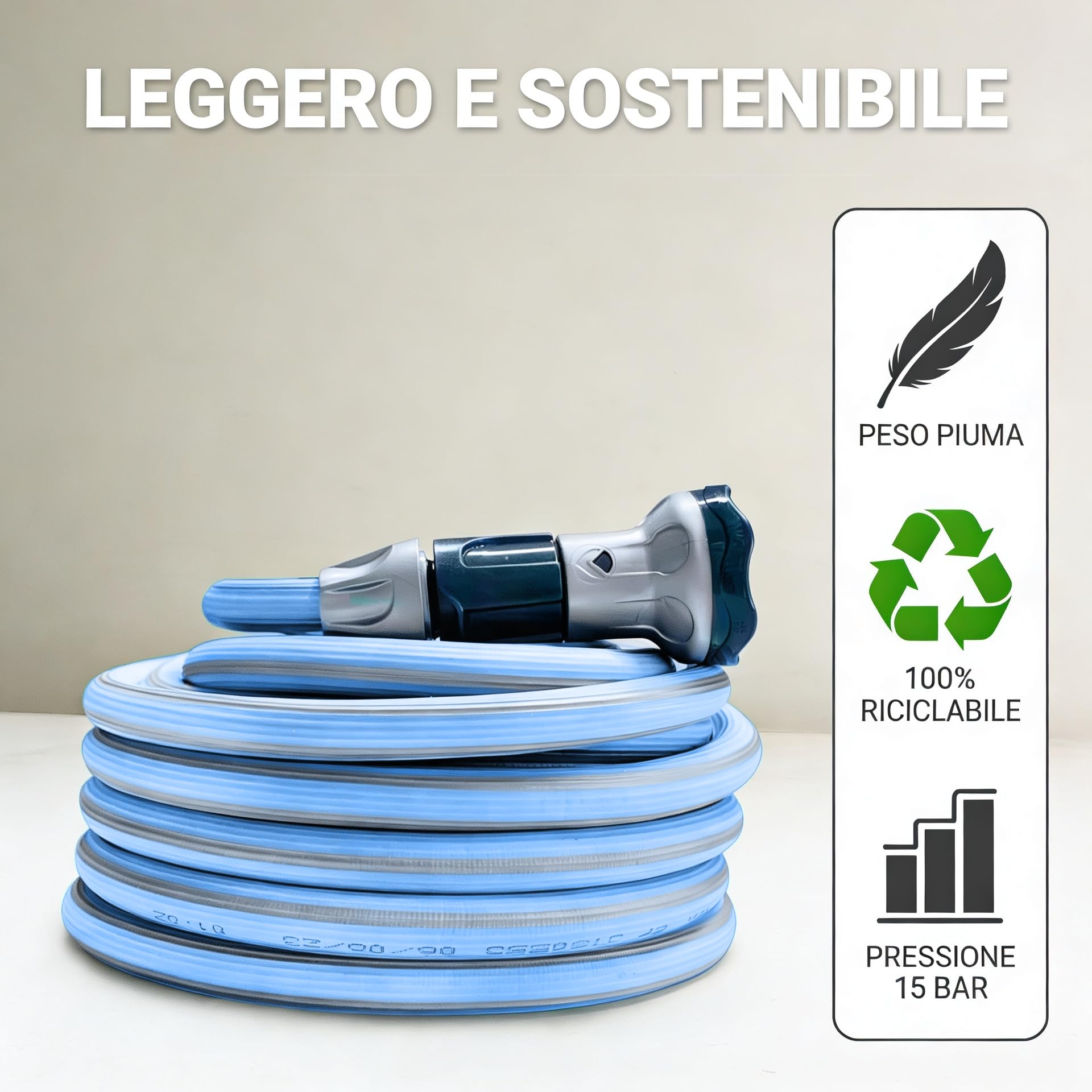 Idroeasy, Tubo Acqua da Giardino Estensibile 10 Metri, Diametro 5/8", Tubo Irrigazione allungabile x3, Anti Nodo e Anti Torsione, Atossico, Design Soft Pastel Blue, Tubo Giardino Made In Italy