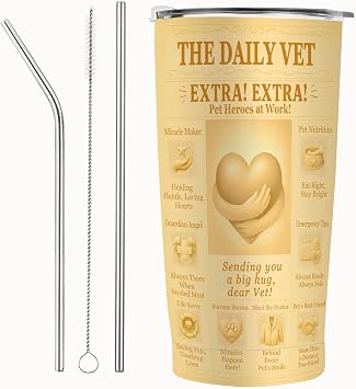 Veterinarian & Vet Tech Gift Tumbler 20oz Vintage Newspaper-Style Appreciation, Insulated Stainless Steel Travel Mug for DVM RVT LVT CVT, Vet Student Graduation, Animal Hospital Clinic Thank You
