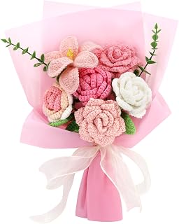 Handmade Crochet Sunflower Rose Daisy Bouquet - Pink Yarn Artificial Flowers, Perfect Gift for Lovers, Family & Friends | Omldggr