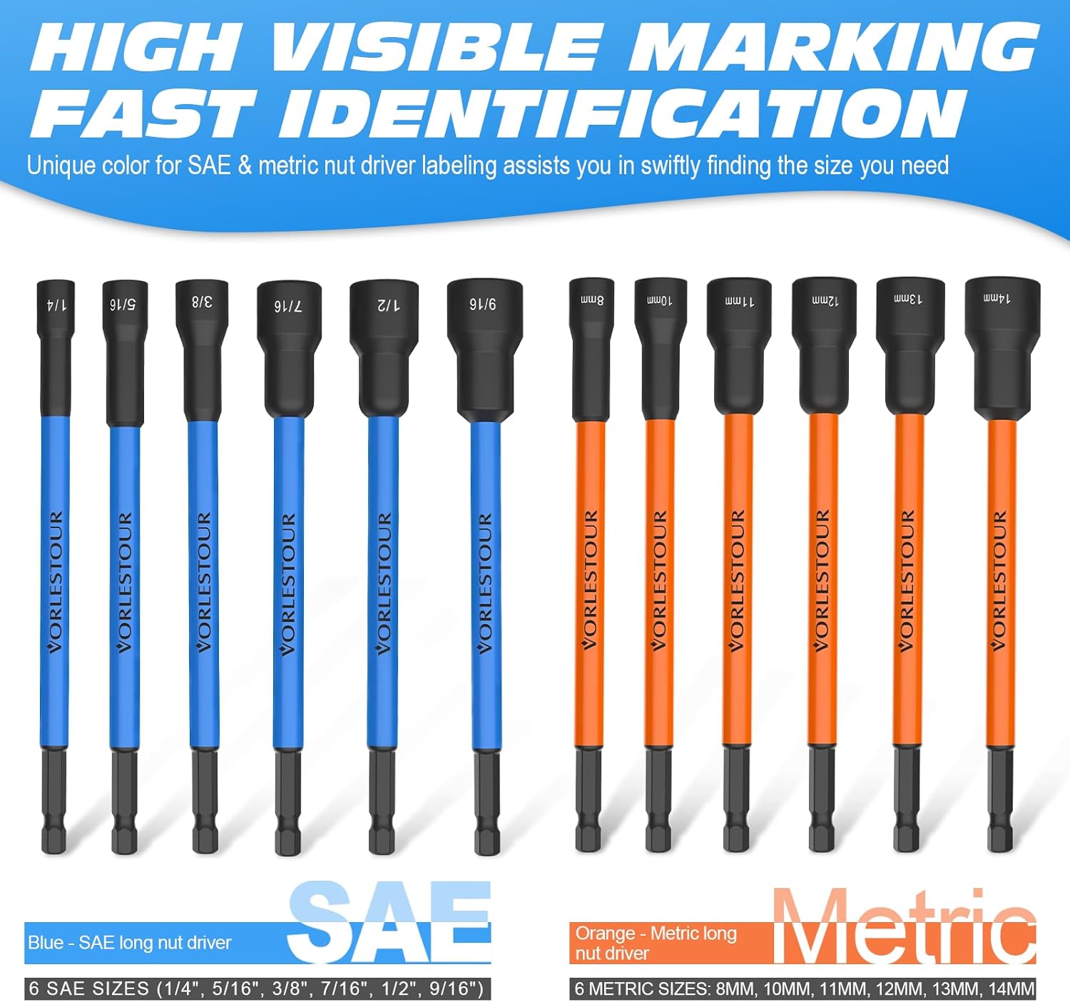 12PCS Nut Driver Set for Impact Drill, Magnetic SAE/Metric 1/4" Hex Shank Nut Drivers, 6 Inch Extra Long Socket Set for Drill with Sturdy Tool Box, Hand Tools for Men/Women to DIY and Repair Car