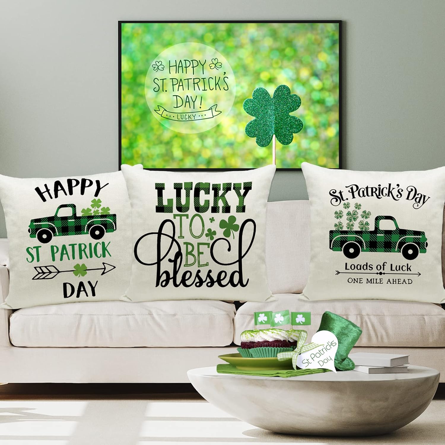 Ueerdand St Patrick's Day Pillow Covers Set of 4 18x18 Inch Shamrock Happy St Patrick's Day Decorations Green Clover Buffalo Plaid Lucky Truck Decorative Pillow Cases Throw Cushion Covers - Image 5