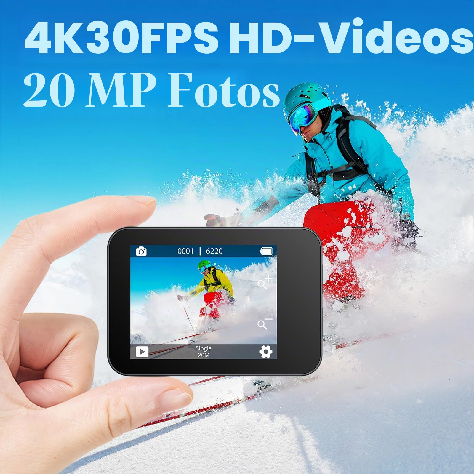 AKASO Action Cam 4K30FPS Unterwasserkamera WiFi 40M EIS Anti-Shake Action Kamera 4X Zoom mit Touchscreen, Fernbedienung, Sportkamera Wasserdicht Gehäuse,Helmzubehör-Kit V50X