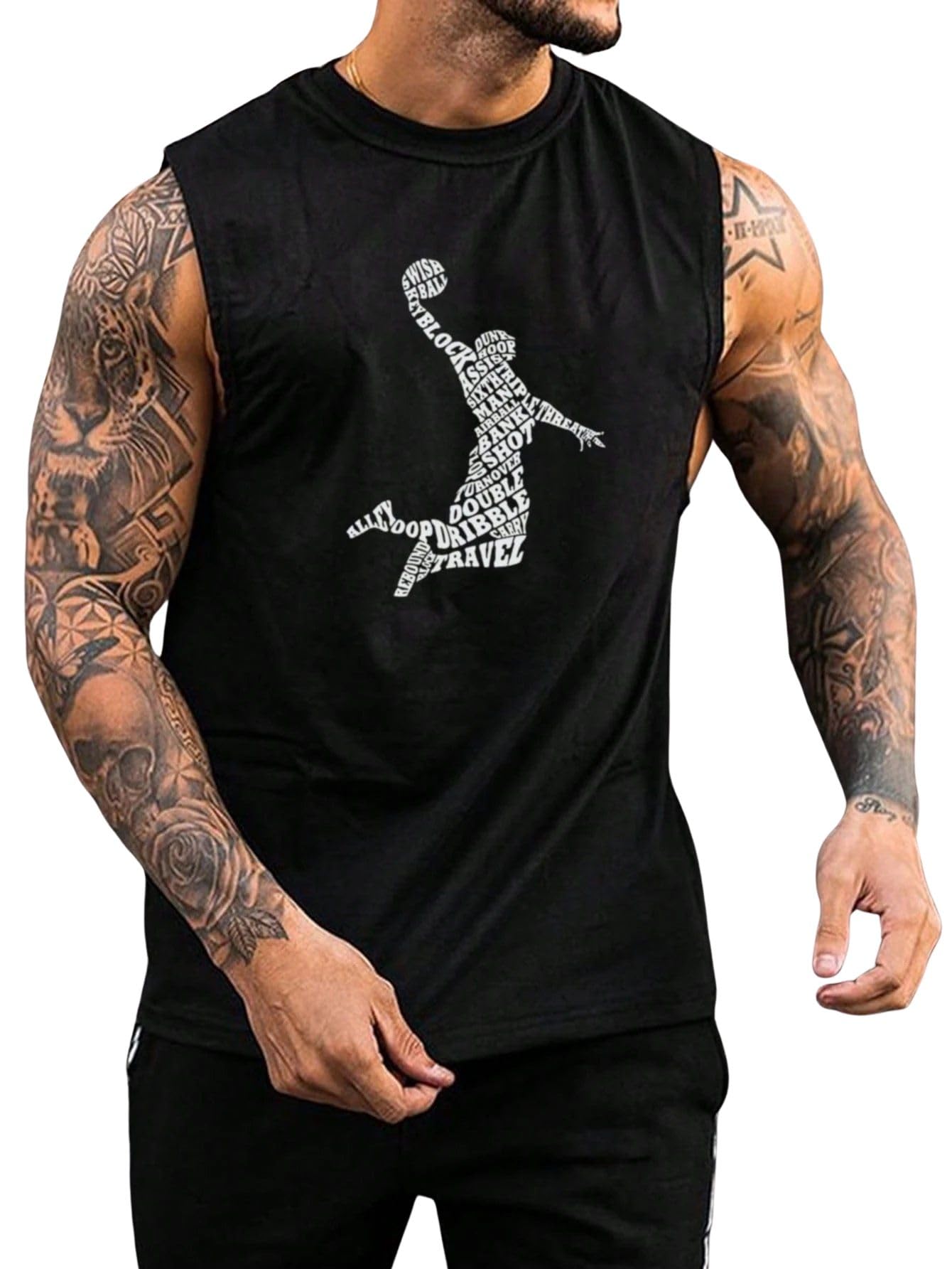 sxv style Men's Athletic Sleeveless Tank Top with Typography Design, White and Black-picture-53