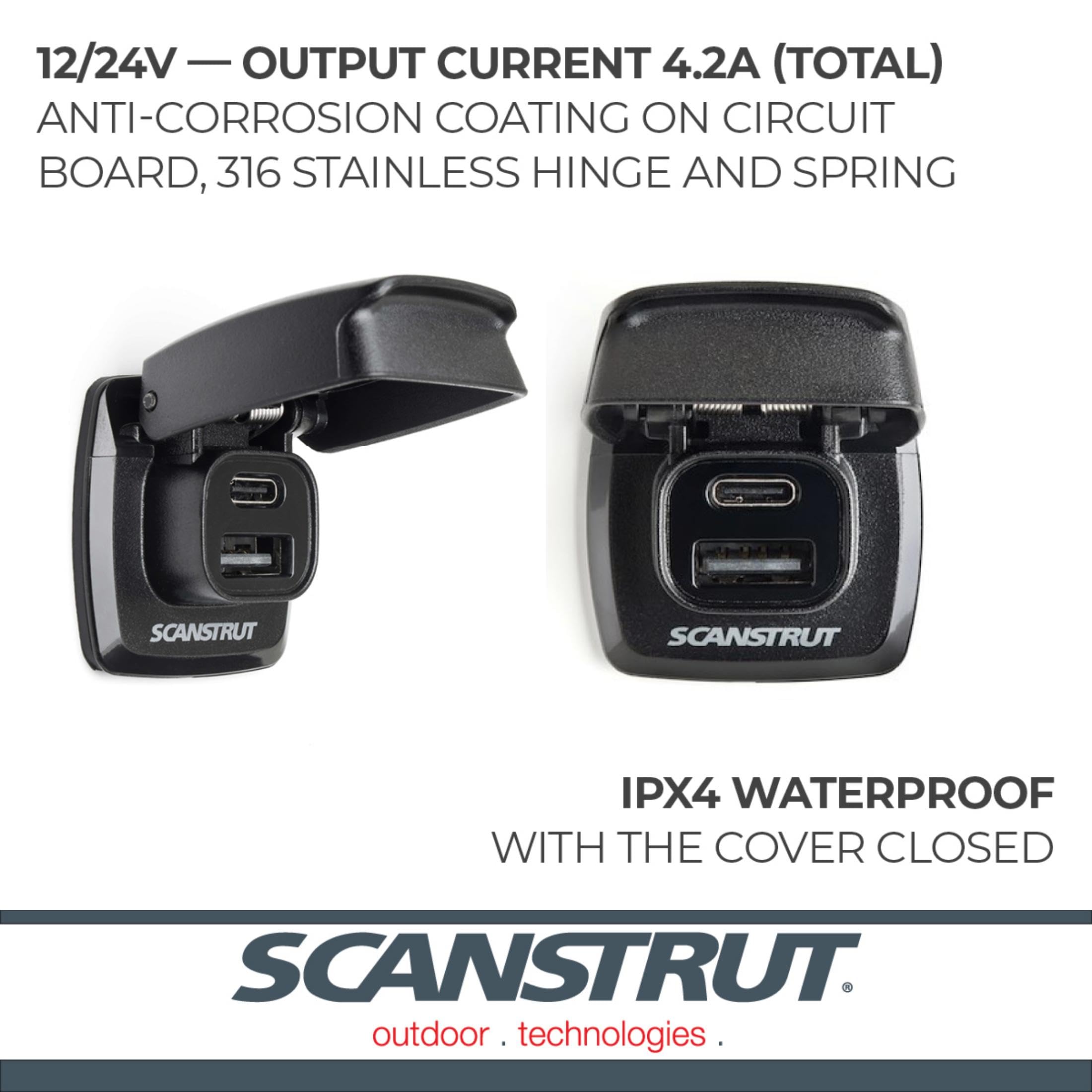 Scanstrut ROKK Flip Pro USB-Ladegerät - IPX4 Wasserdicht Dual USB-A & USB-C Schnellladeanschluss | 12/24V Marine & RV Steckdose