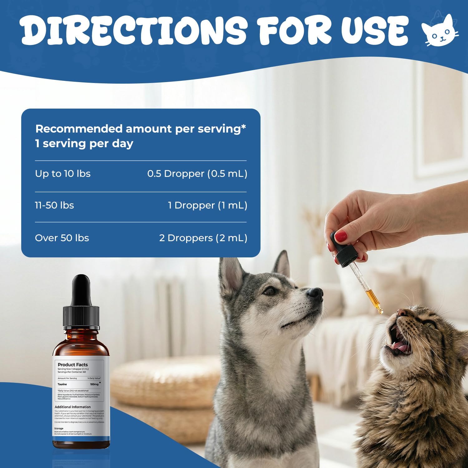 Taurine Supplement for Dogs & Cats, Pet Amino Acid Supplement for Heart Function, Muscle & Metabolic Support, Daily Nutrition for Pets, Liquid Taurine Drops, 2 fl oz (60 mL)