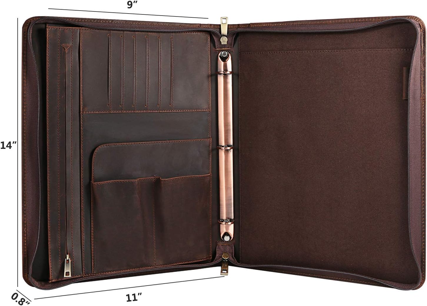 YIWEN Handmade Leather 3 Ring Binder Portfolio, Zippered Padfolio Business Organizer for 13" Tablet and 8.5 x 11 Notepad, Professional Business Travel Organizer (Dark Brown, Crazy Horse Leather)