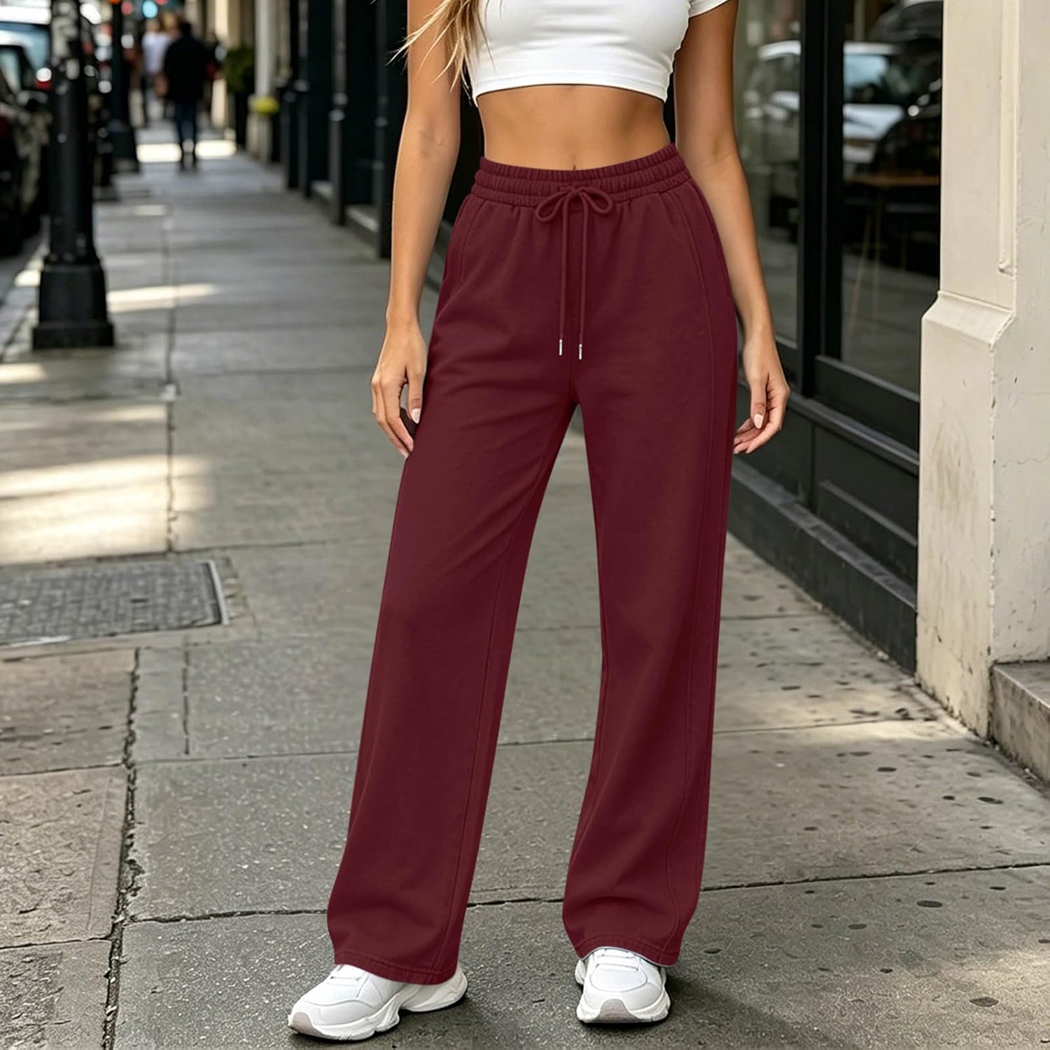 Womens Sweatpants Wide Leg Baggy Elastic High Waist Drawstring Solid Pants Fall Winter Casual Soft Joggers Trousers