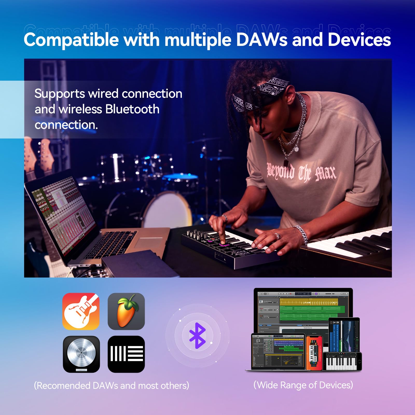 TERENCE Clavier contrôleur MIDI professionnel 25 touches, batterie 500 mAh, 8 coussinets RVB, bouton sans fin à 360°, 8 boutons assignables, écran OLED pour plusieurs DAW et appareils