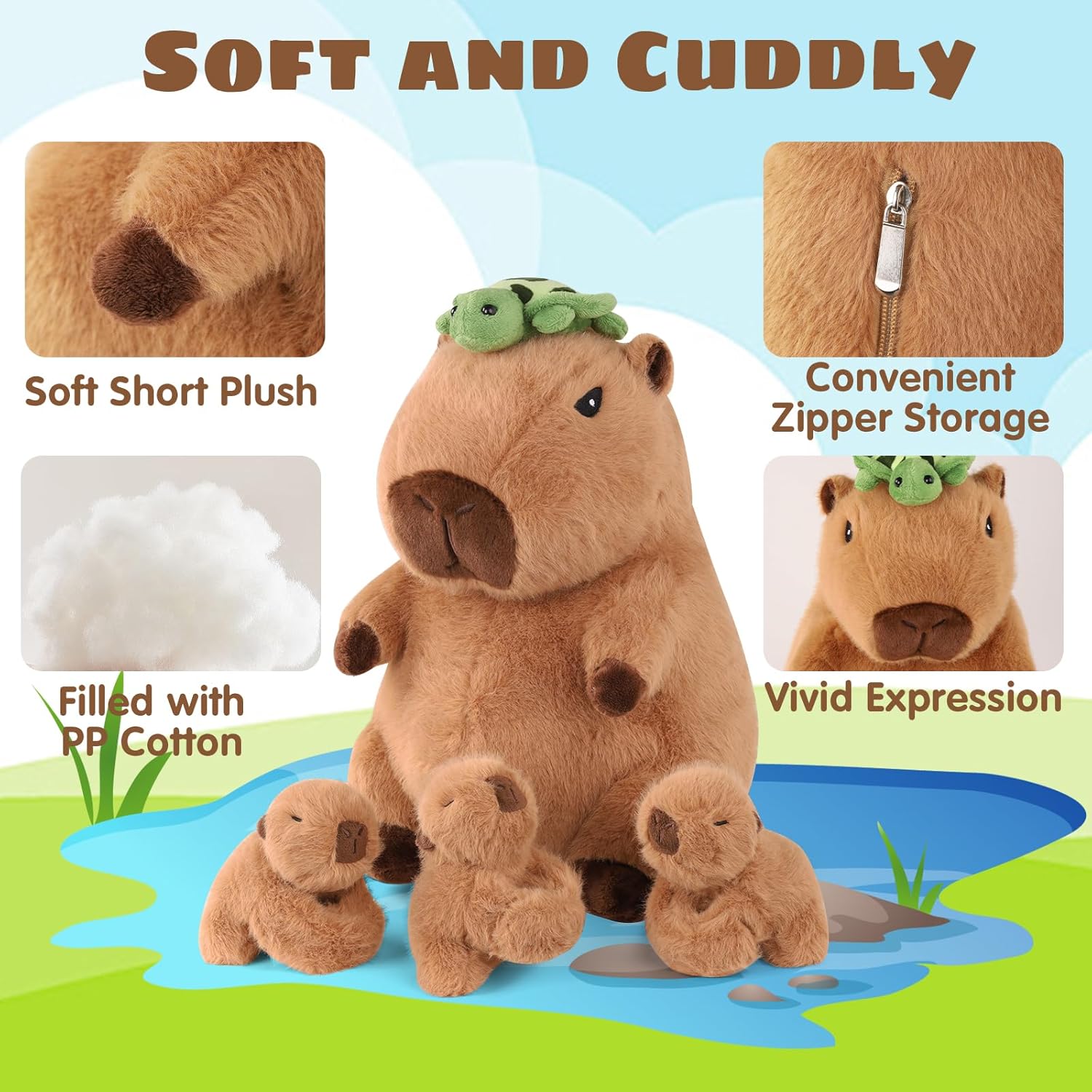 5 in 1 Capybara Plush, 12.8" Mommy Capybara Stuffed Animal with 3 Babies Capibaras Peluches Inside, Cute Stuffed Capybara Toys Pillow Plushies for Kids Christmas Birthday Gifts