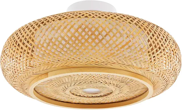 HOARLICN Bambus Deckenleuchte mit Rattan-Schirm - Handgefertigte Boho-Lampe für Wohnzimmer & Küche
