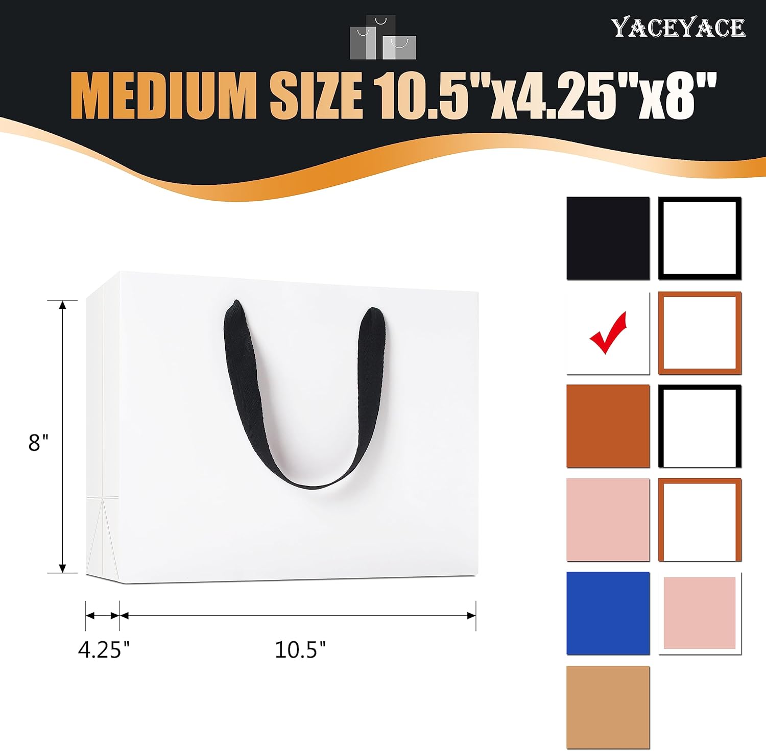 YACEYACE White Medium Gift Bags, 10.5"x4.25"x8", 10 Pcs, Multi-purpose, Kraft Paper, Ribbon Handles - Image 3