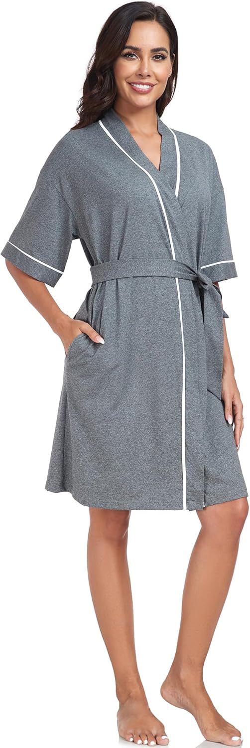 EA'S SECRET Women's 100% Cotton Summer Short Robes Lightweight Spa Robe Soft Knit Kimono Bathrobes with Pockets 1 PACK - Image 3