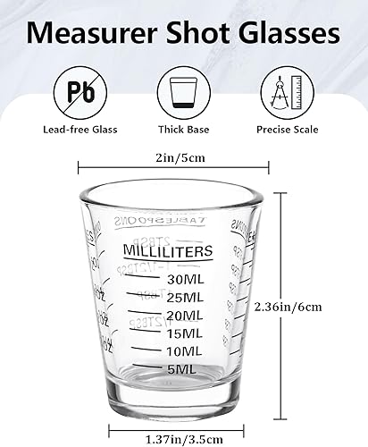 Miniatura 2 de Vasos de chupito de taza medidora, paquete de 2 vasos de chupito de café expreso, vidrio pesado líquido, 26 mediciones incrementales, 1 onza, 2