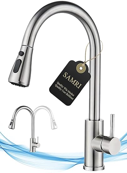 SAMRI Kitchen Faucets with Pull Down Sprayer, High Arc Single Lever Single Handle Stainless Steel Brushed Kitchen Sink Faucets with Pull Out Sprayer and Brass Valve, for Kitchen RV Bar Sink