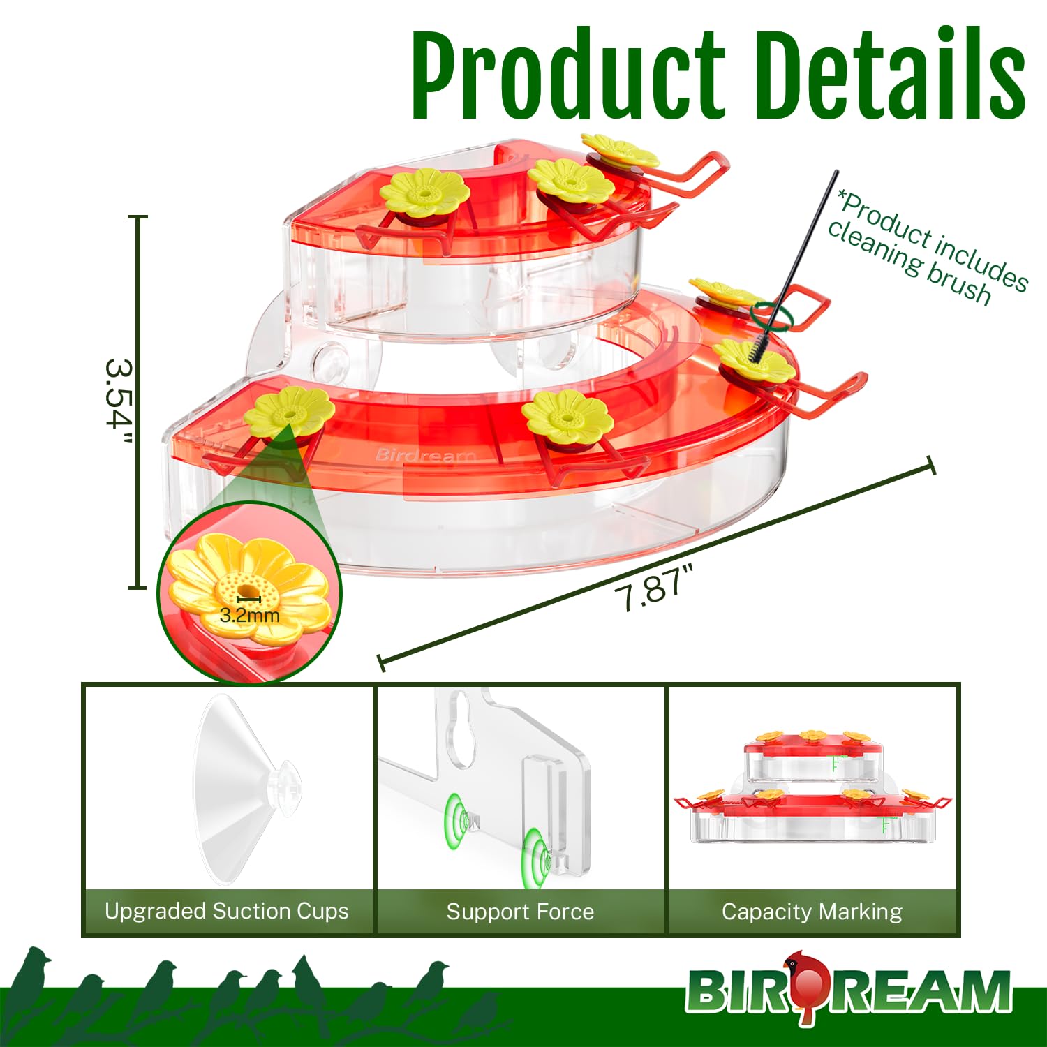 Birdream Comederos de colibrí para ventana para exteriores, con ventosas fuertes y 7 puertos de alimentación, fácil de usar y mantener, regalo para los amantes de los pájaros, comedero de plástico