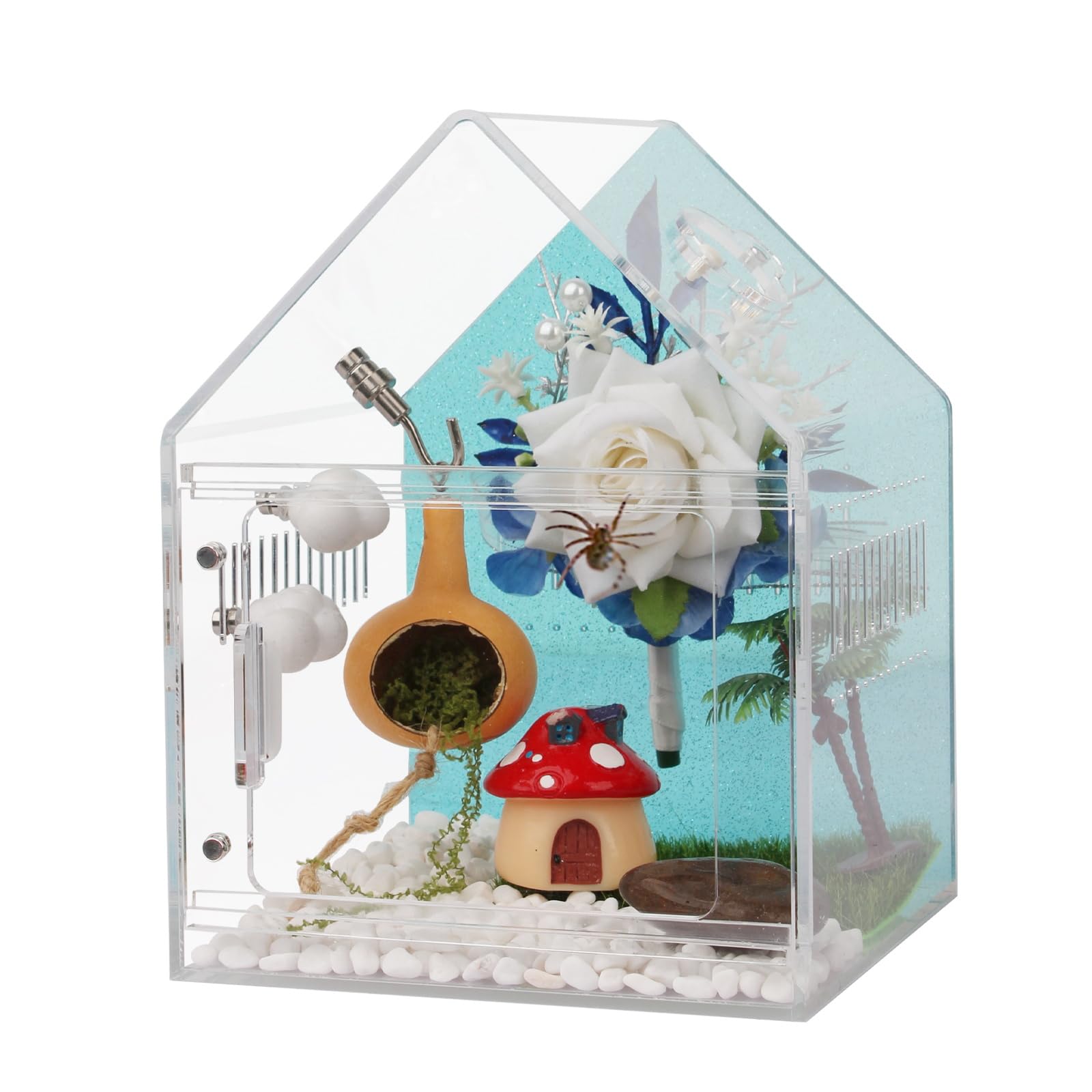 Magnetic Acrylic Spider Enclosure 5.3x5.3x7.3 Inch, House Shape Terrarium with Blue or Purple Background for Jumping Spiders, Tarantula Slings &amp; Mantis, Escape-Proof Habitat (Blue)