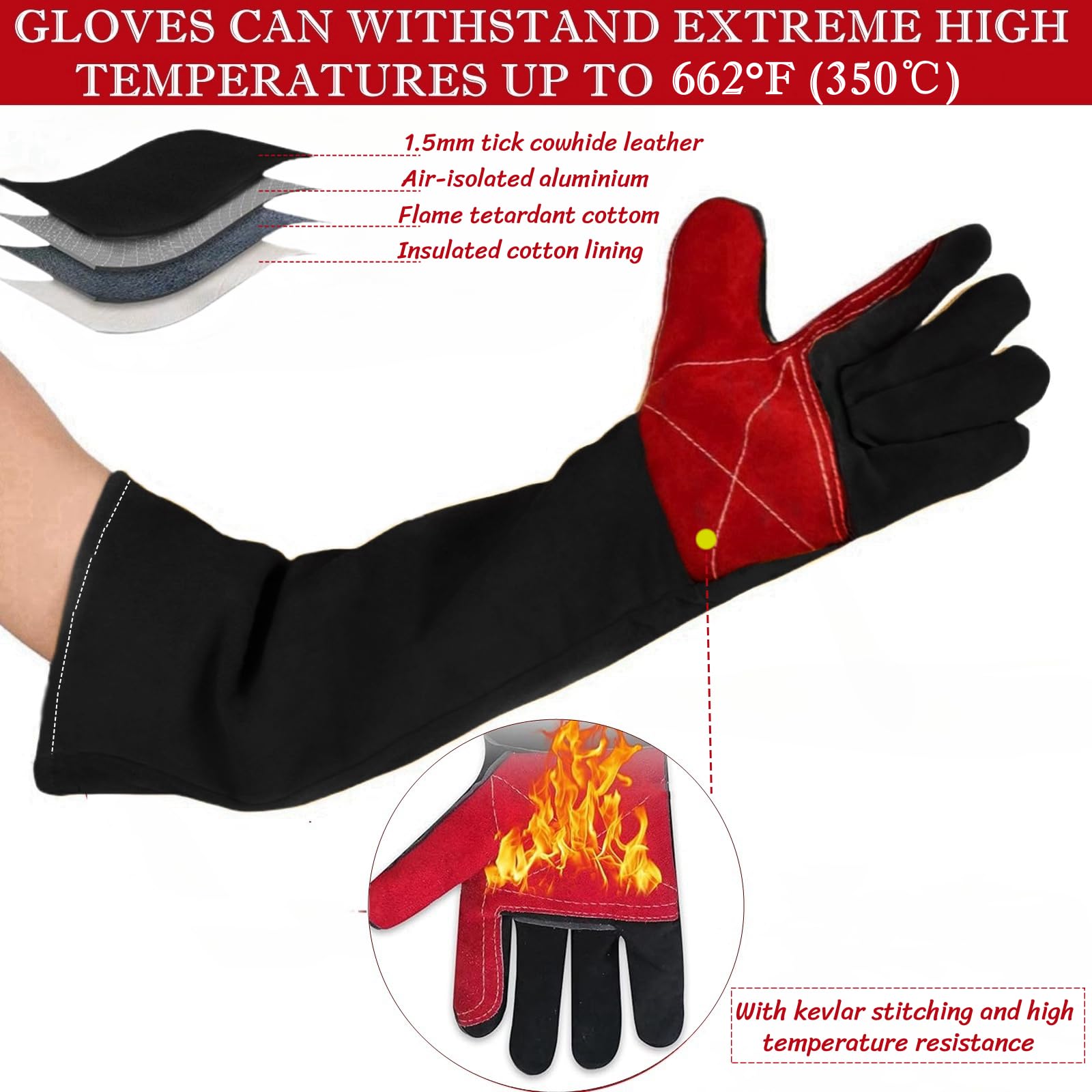 BLIRITEL Gants de soudeur à manches longues résistants à la chaleur en cuir résistant au feu pour Mig, Tig, Stick, forge, barbecue, cheminée, gants résistants aux morsures - Cadeaux pour hommes, papa