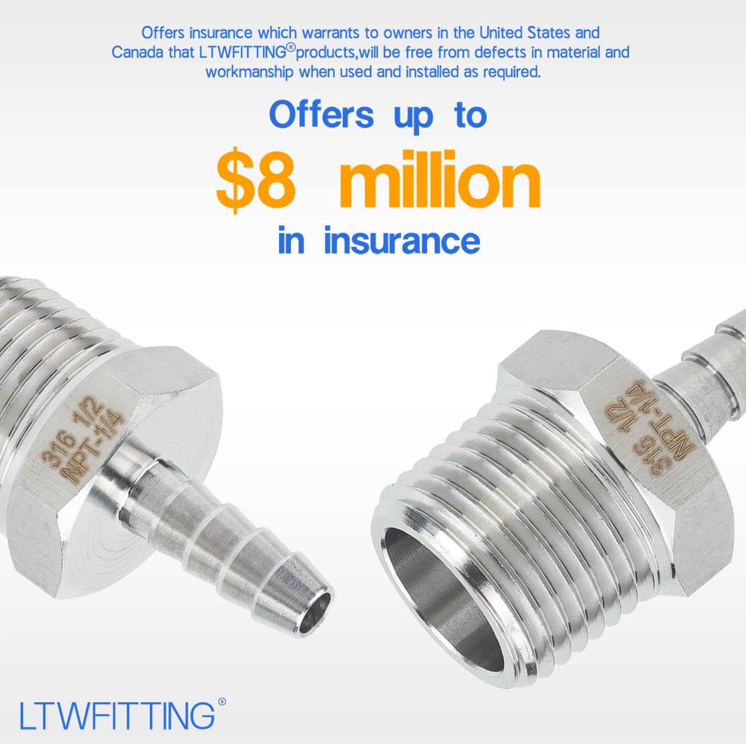LTWFITTING Bar Production Stainless Steel 316 Barb Fitting Coupler/Connector 1/4" Hose ID x 1/2" Male NPT Air Fuel Water (Pack of 5)