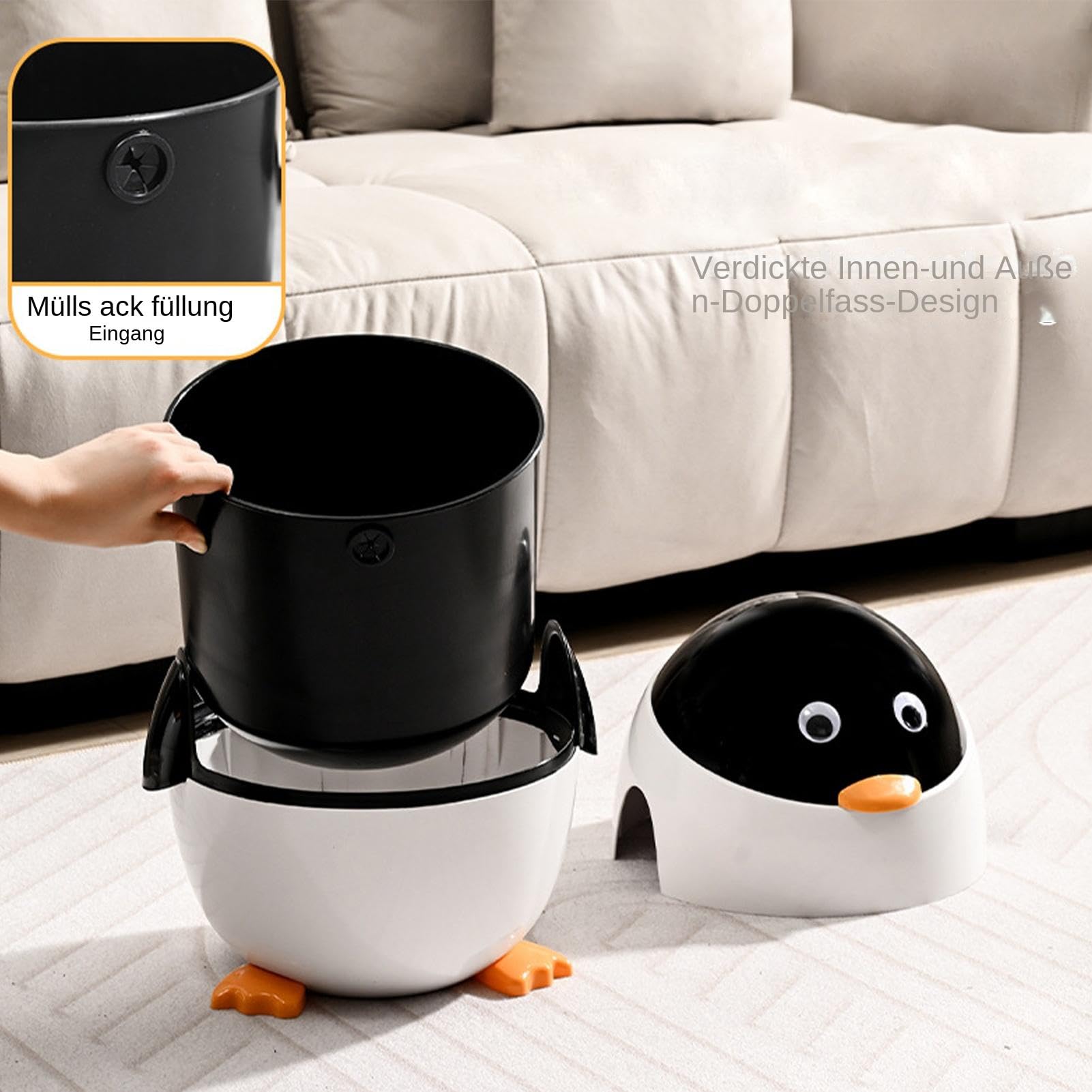 Süßer Pinguin-Mülleimer mit Deckel für Untertische - Cartoon-Tier-Papierkorb für Kinderzimmer, Badezimmer, Büro und Wohnzimmer