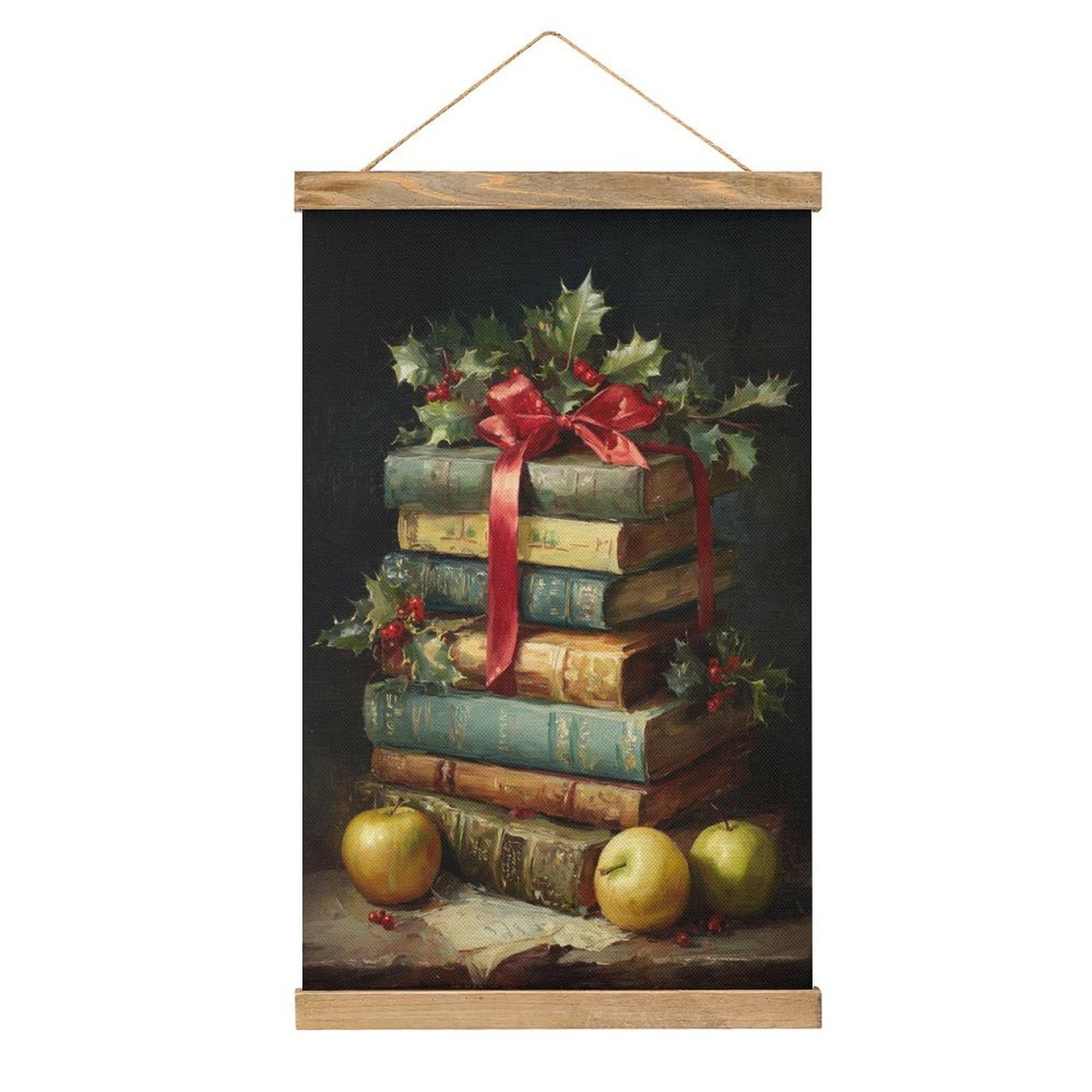 Jubonexis Christmas Books with Holly And Mistletoe Canvas Painting Wood Frames Poster Hanger Hanging Picture Kit Wall Art