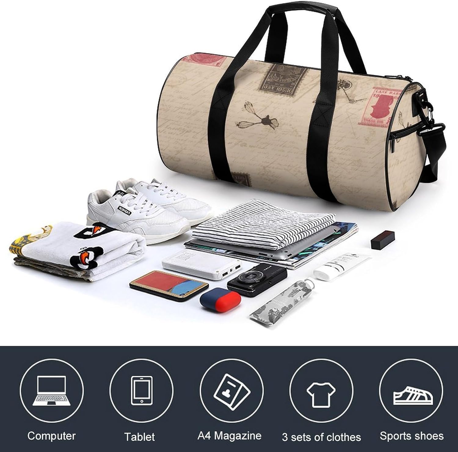 Old Fashioned Mail Gym Bag Hand-held Fitness Bags Cylindrical Fitness Bag with Shoe Large Compartment Duffle Bags for Travel Sports Unisex image 4
