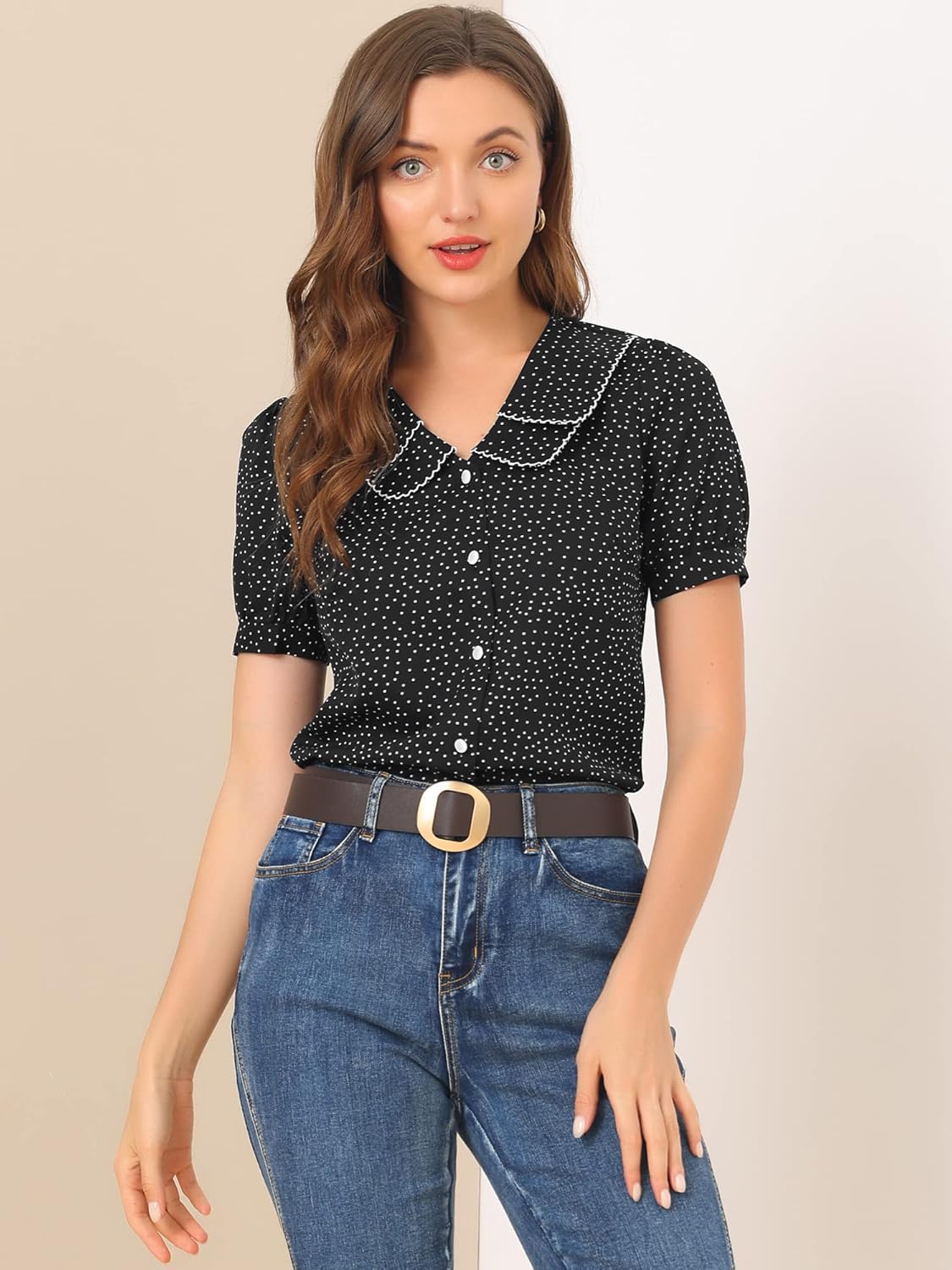 Allegra K Women's Vintage Polka Dots Peter Pan Collar Puff Short Sleeve Shirt Top - Image 3