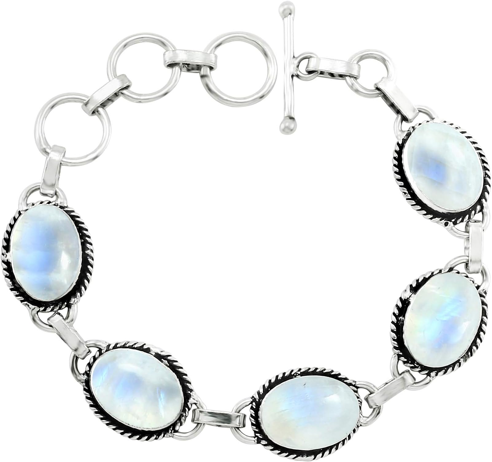 Oval Shape Natural & Synthetic Gemstones 925 Silver Plated Handmade Link Bracelets for Women - Birthstone Vintage Style Bohemian Adjustable Bracelet - Gifts for Wedding Anniversary Christmas