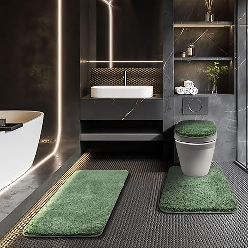 Juego de alfombras de baño de 3 piezas con funda ajustable para asiento de inodoro de 17.5 x 15 pulgadas, lavable a máquina, con base de goma TPR