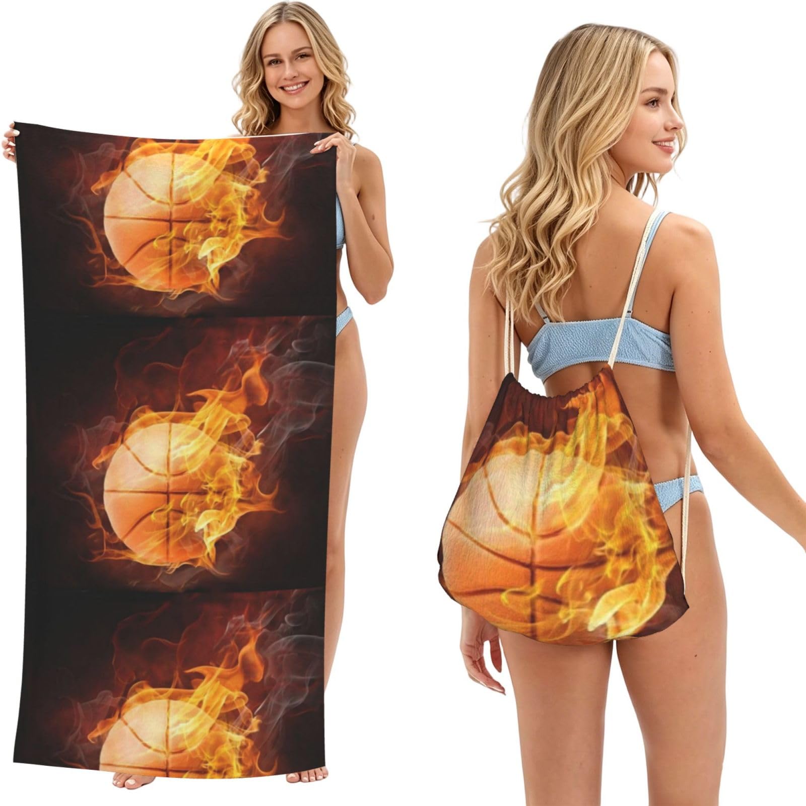 Poadnly As Picture Basketball Print, 2 In 1 Packable Towel Bag, Beach Towels With Drawstring Backpack For Travel Holiday Camping