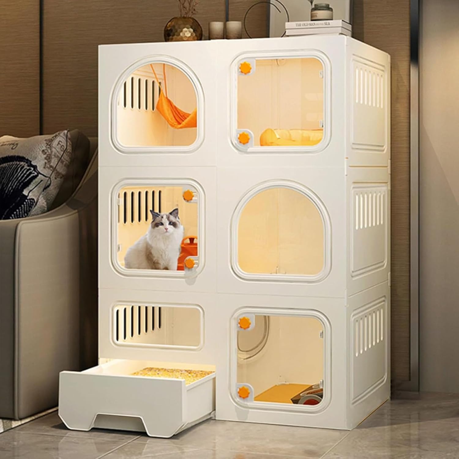 Indoor Cat Cage with Litter Box - Large 2/3-Tier Transparent Enclosure, Durable Thicken Plastic and Resin Material, Dimensions: 28" L x 18" W x 42" H