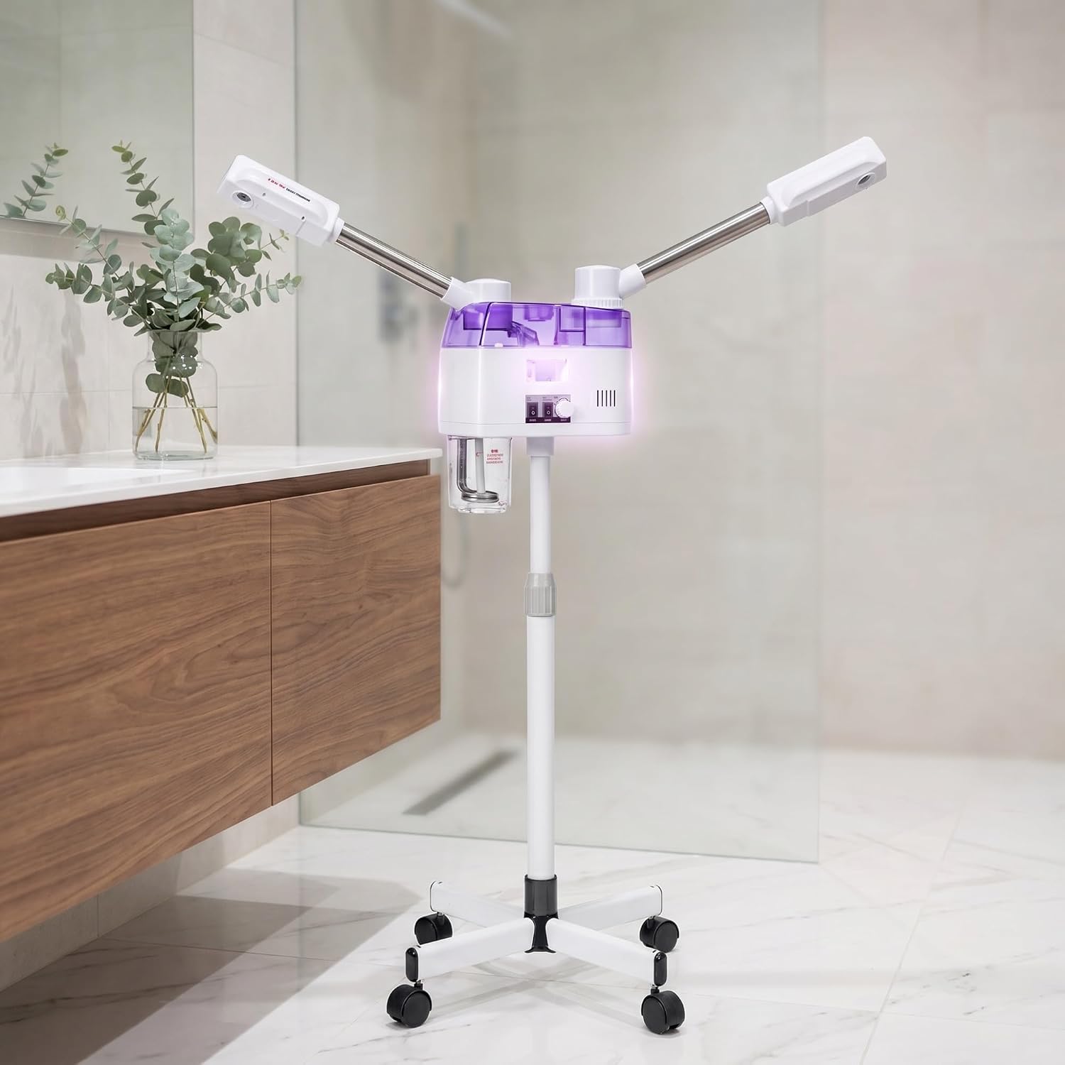 Professional Facial Steamer Cold and Hot Dual Nozzle Ozone Steamer for Face with Rolling Base and Height Adjustable Stand, Salon SPA Equipment for Deep Pore Cleansing and Skin Hydration(Buttons)