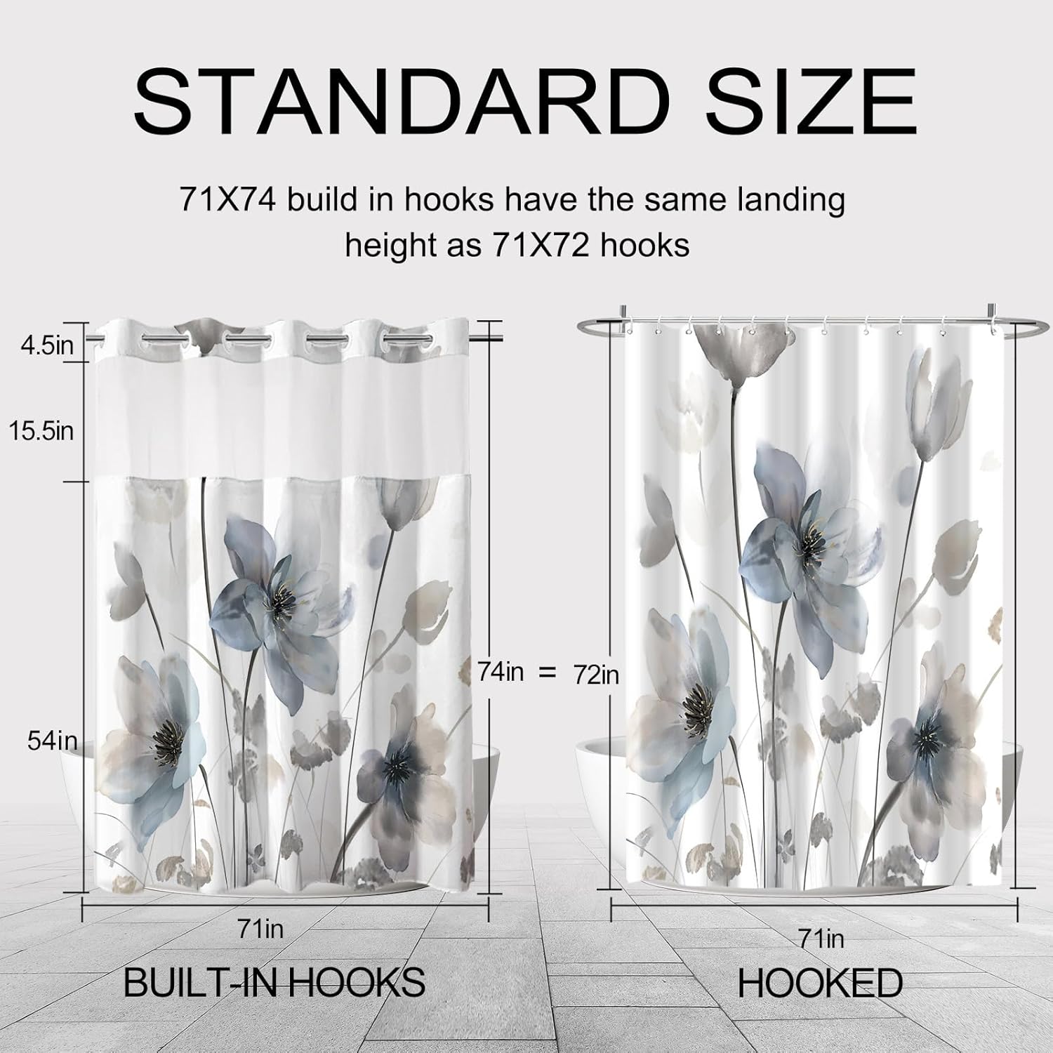No Hook Shower Curtain and Liner Set, Blue and Grey Boho Floral Shower Curtains for Bathroom, Watercolor Flower Waterproof Bathroom Curtain Sets with Snap in Liner, 71x74 Inch