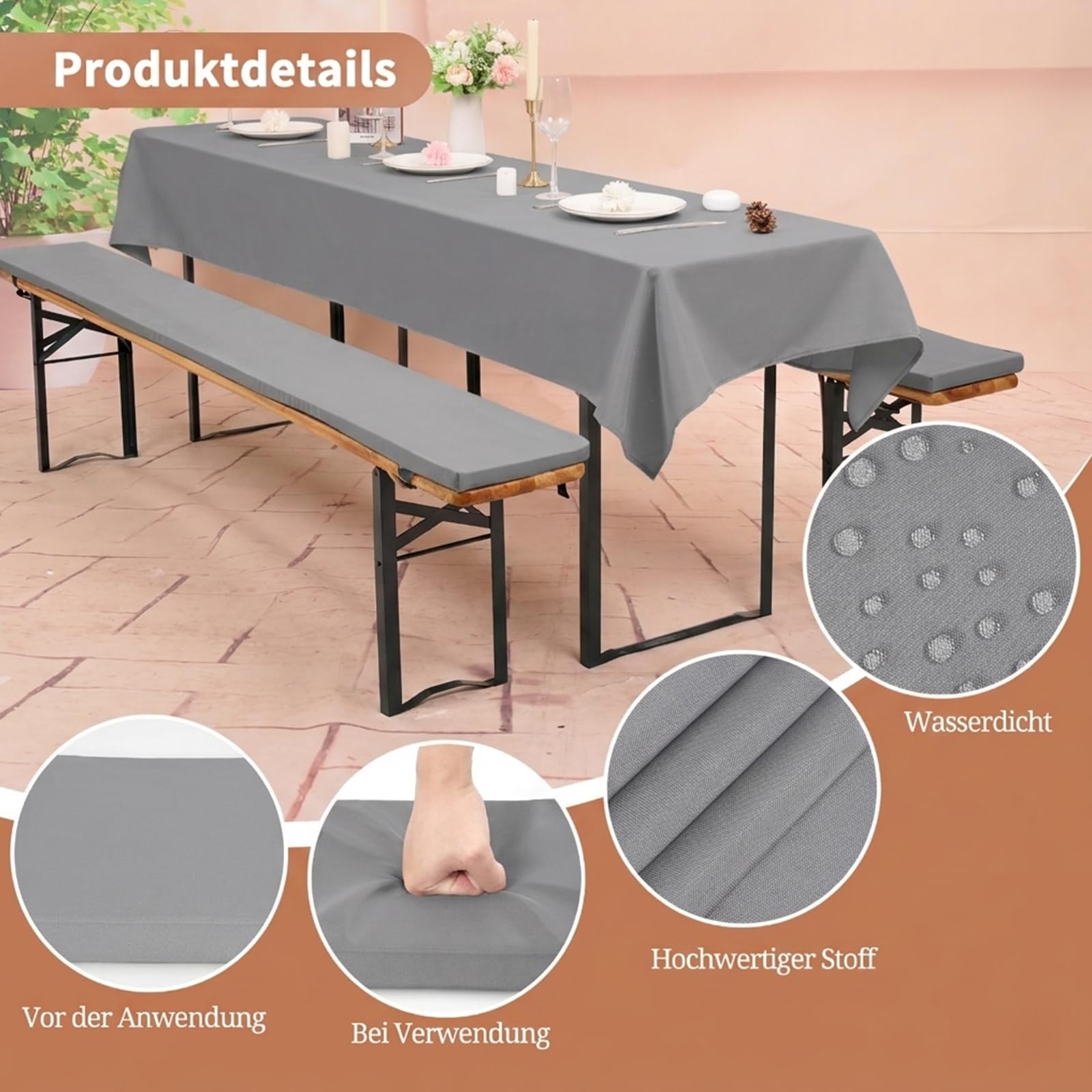 2er-Pack 220x25x3cm XL waschbar Bierbankauflage Gepolstert und 1 Packung 250x100cm Rechteck Polyester Bier Tischdecken für Party Outdoor & Indoor Gebrauch (Hellgrau,Wasserdicht)