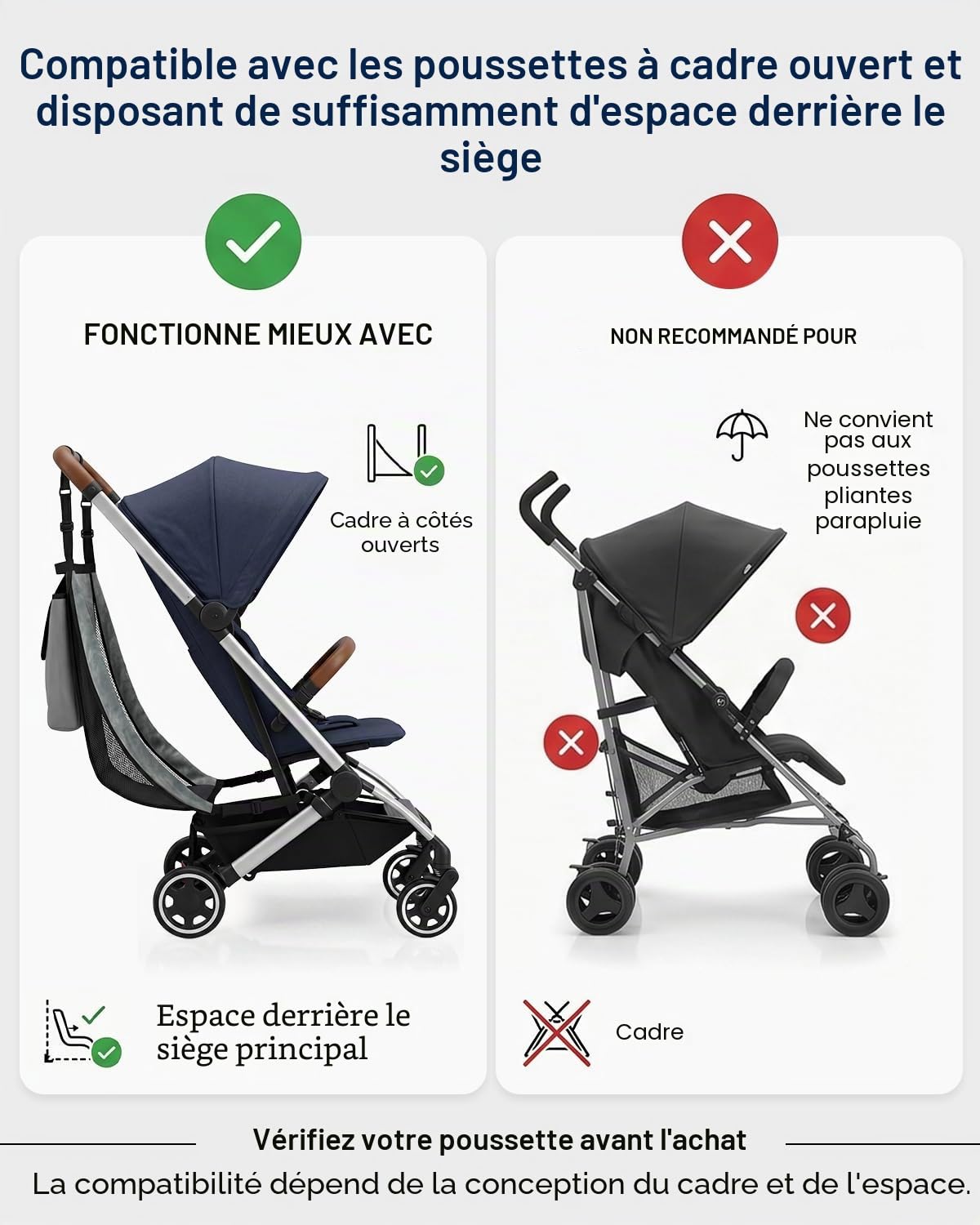 Sangle de siège amovible pour poussettes pliées compatibles, en maille pliable avec sangles réglables, installation sans outil, accessoire uniquement
