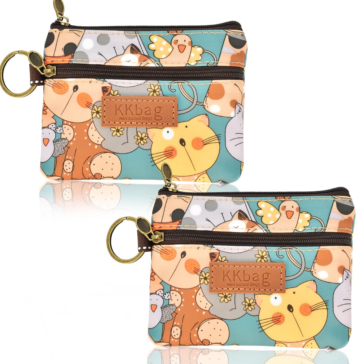 2 Pack Coin Purse, Zipper Coin Pouch, Small Waterproof Wallet, Cute Change Purse for Coins Cards, Small zippered Pouch, Coins Bag with Keyring, Mini Wallets for Girls Women, Cat Green & Cat Green