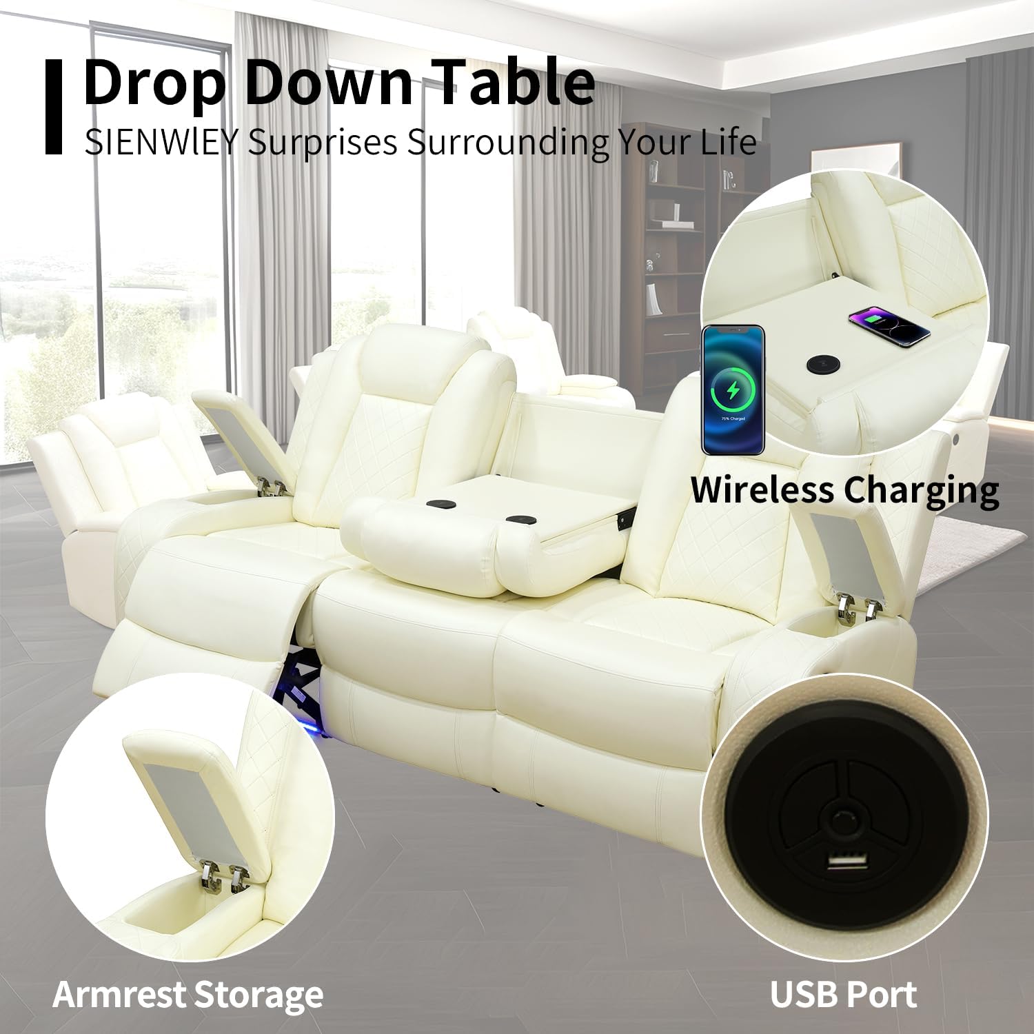 Power Leather Recliner Sofa Set with LED Light,Leather Couch Set for Reclining Sofa with Drop-Down Table/Loveseat with Storage Console/Single Chair 3 PCS Living Room Furniture(White,3+2+1)