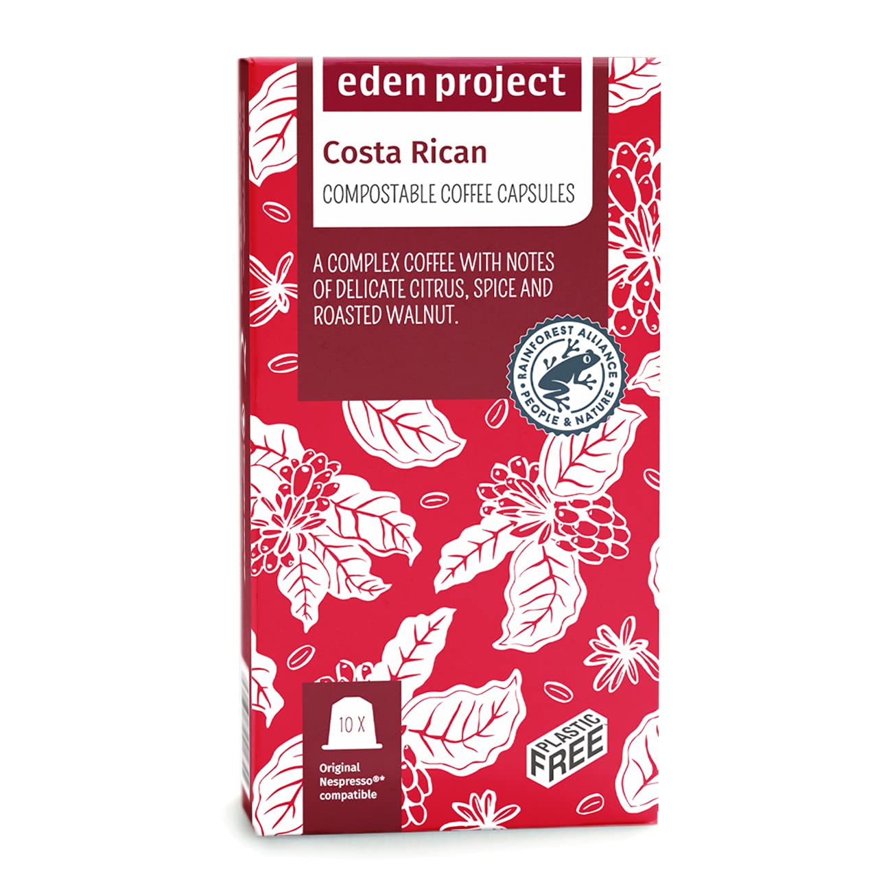 THE EDEN PROJECT Cápsulas de café compatibles con Nespresso de plástico libre RFA de Costa Rica compostable Clima Neutro 60 cápsulas 6 paquetes de 10