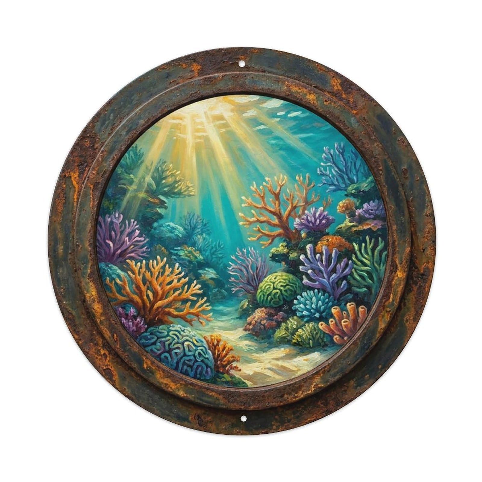 Vintage Porthole Coral Garden Bloom Ship Window Under Deep Metal Tin Sign