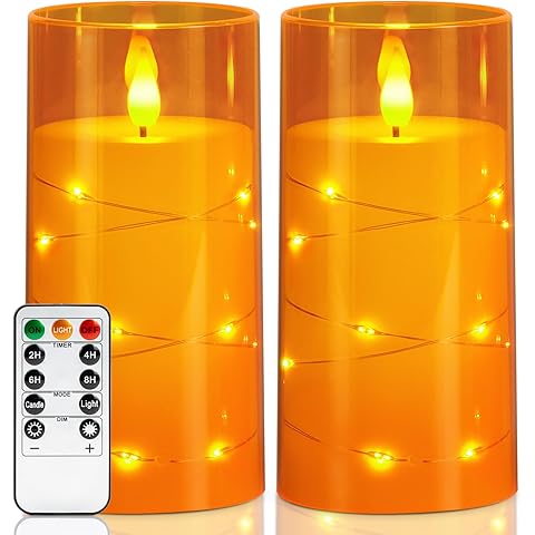 Homemory Flameless Candles with Embedded Star String Fairy Lights, Battery Operated Candles, LED Candle, Fake Candles with Remote Control and Timer, Orange, Set of 2(H 6